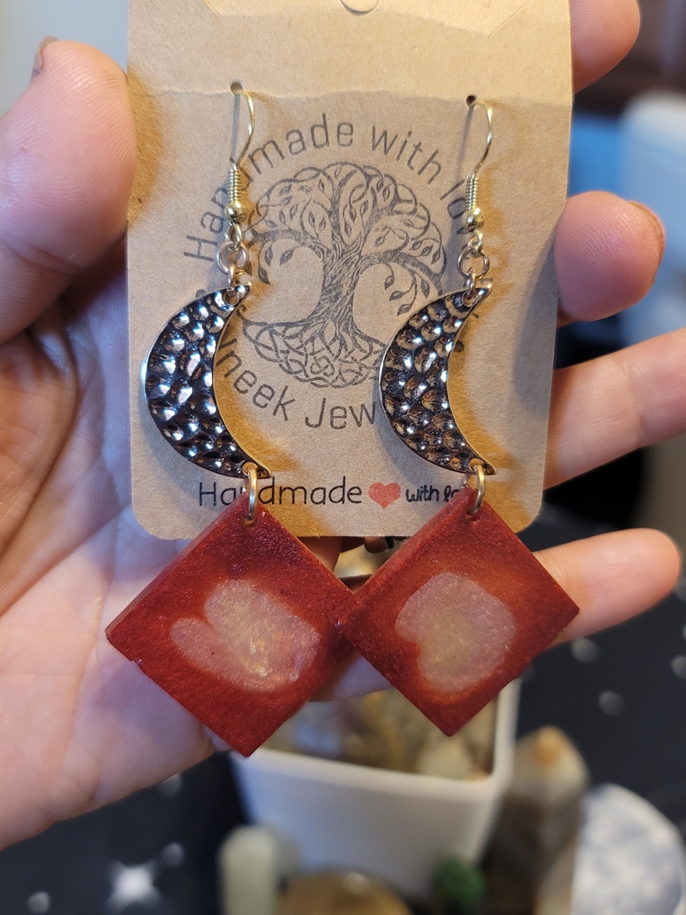 Handmade Moon & Red Diamond Drop Earrings